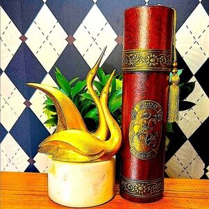 Vintage Ornate Cylindrical Decorative Box – Faux Wood Finish, Brass Colored Seal